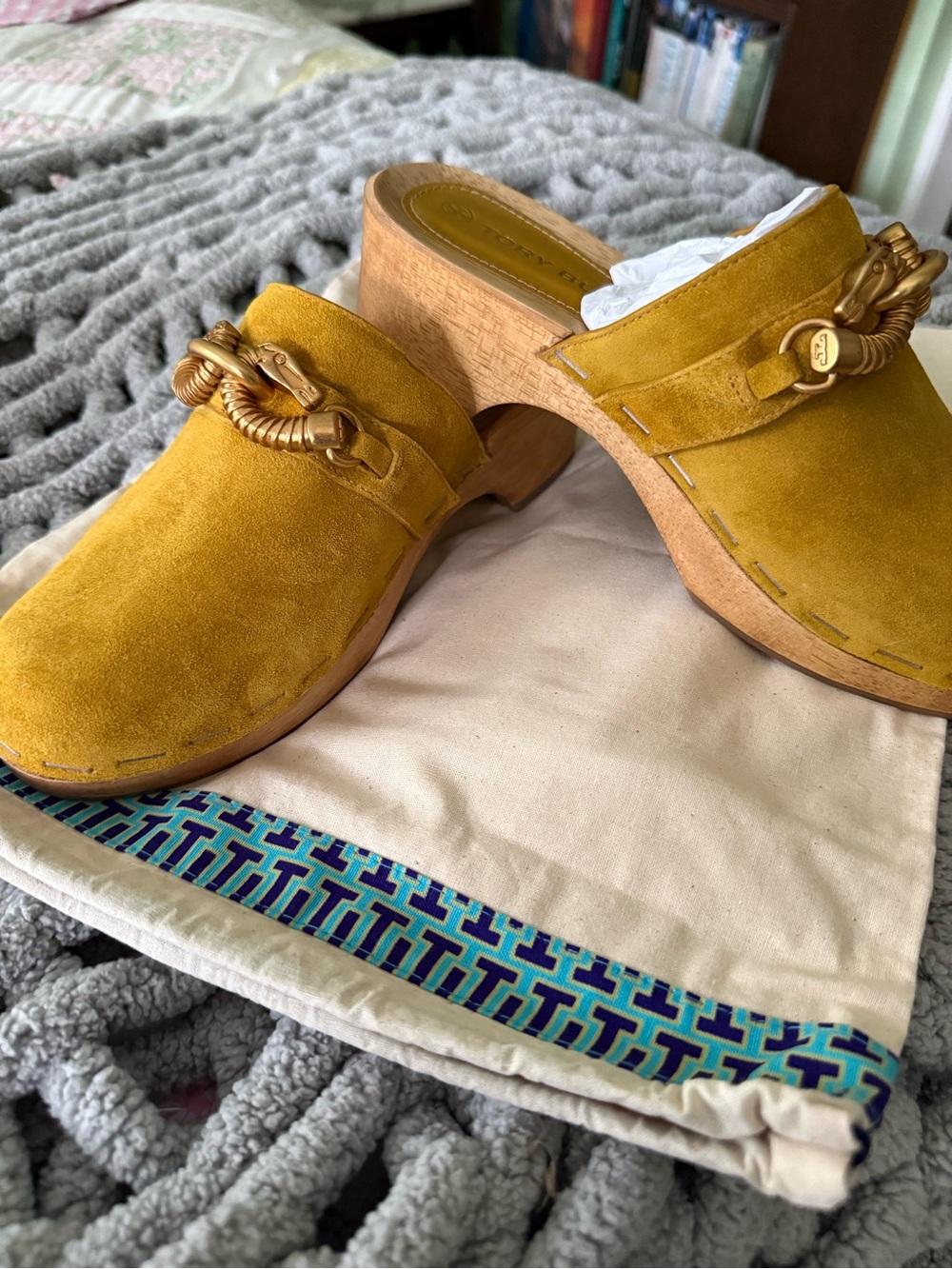 Tory Burch Mustard Yellow Suede Clog Mules with Gold Hardware